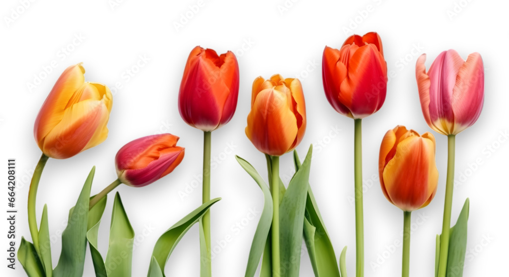 Set of  orange color tulip flowers isolated on transparent background. flat lay. - obrazy, fototapety, plakaty 