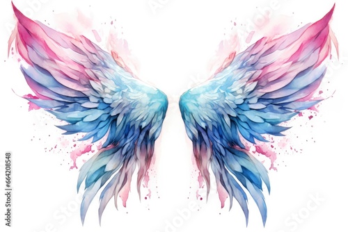 Beautiful magic watercolor blue pink wings.