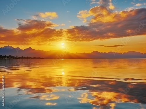 Bright sunset over Lake golden clouds reflect in the water. © Ahasanara