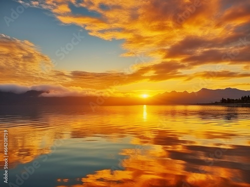 Bright sunset over Lake golden clouds reflect in the water.