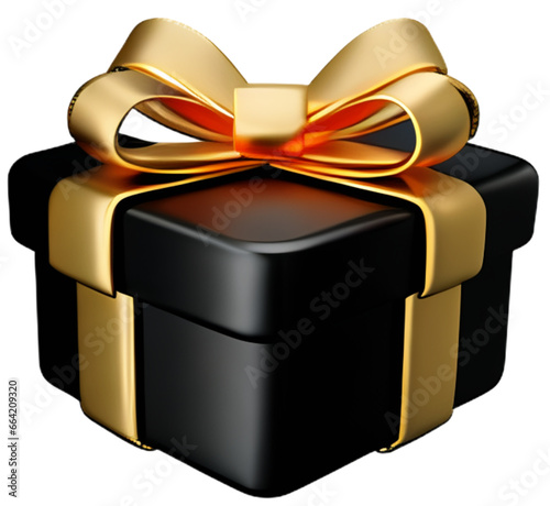 3d black gift box with golden ribbon bow isolated on white background, 3d render modern holiday surprise box flying Realistic vector icon for birthday gift or wedding banner.