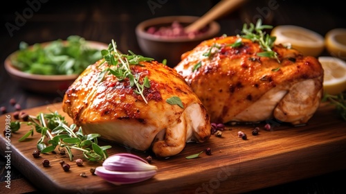 Closeup of tasty roast chicken breast served on wooden board. Grilled chicken.