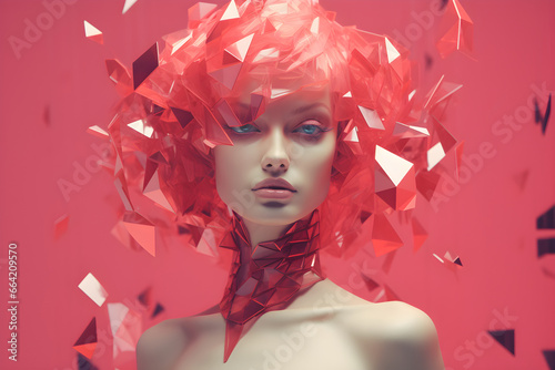 futuristic abstract tech geometric portrait of a woman with faceted low poly hair on pink background