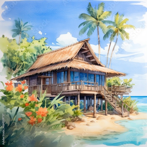 A watercolored bright serene image of a traditional bahay kubo.