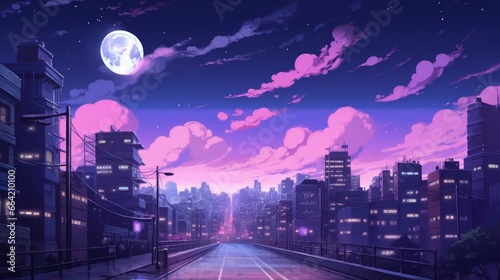 Lo-fi vaporwave aesthetic wallpaper, city skyscrapers, and streets at night in nostalgic pastel purple colors