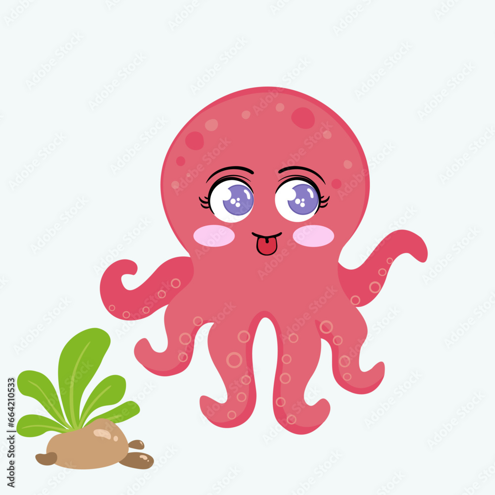 Vector cartoon cute and lively pink octopus Vector cartoon cute and lively pink octopus