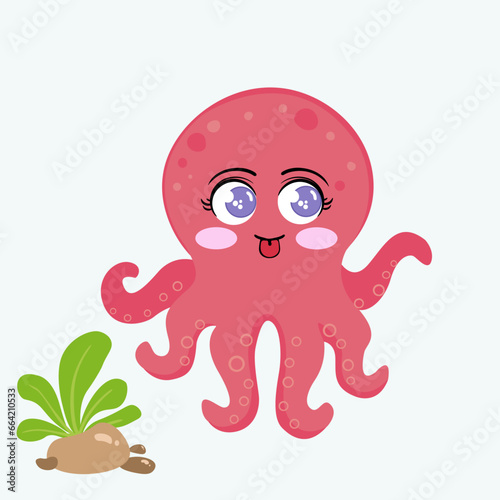 Vector cartoon cute and lively pink octopus
