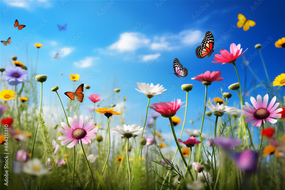 meadow with flowers and blue bright sky meadow with flowers and blue bright sky