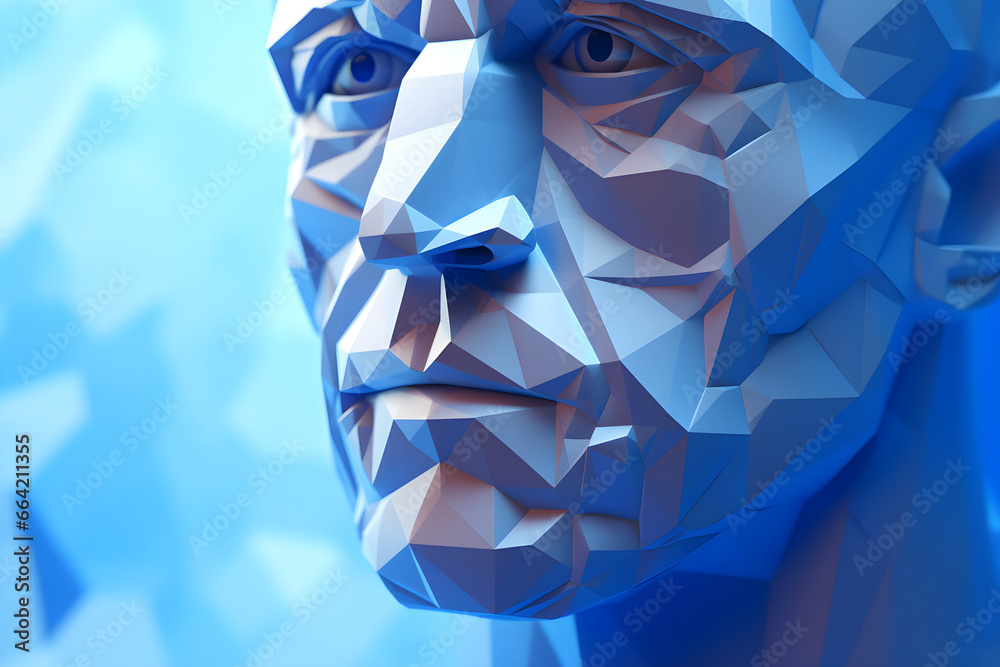 portrait of low poly geometric 3D faceted render of man against a blue background - obrazy, fototapety, plakaty 