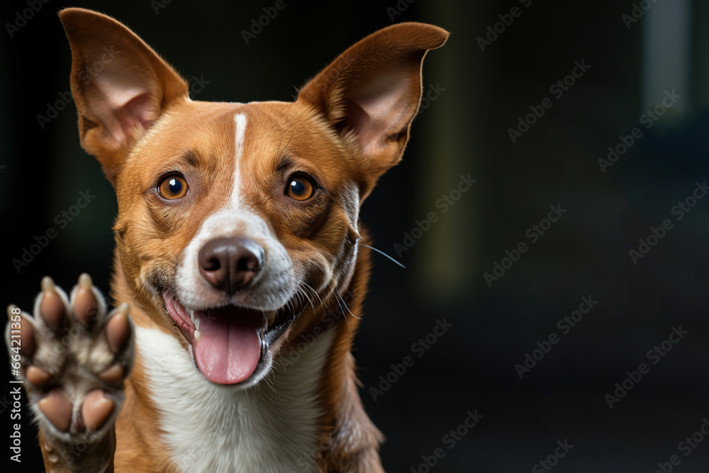 Beautiful happy and healthy dog isolated background. dog studio portrait, raising hand, front view