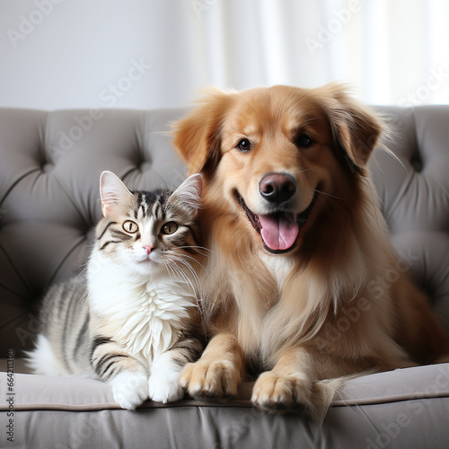 Dog and golden retriver dog sitting on sofa