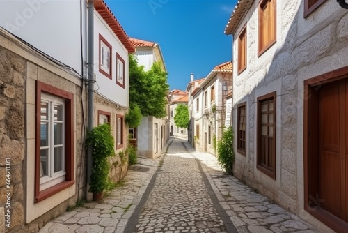 Residential street with traditional private houses. Generative AI © Meliora