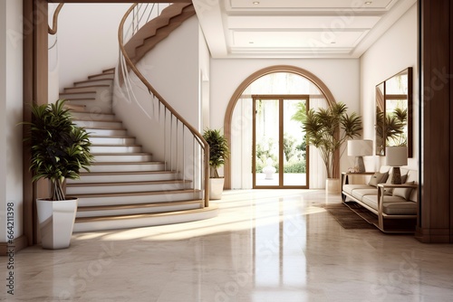 The interior design of the modern entrance hall with a staircase in the villa. © Ahasanara