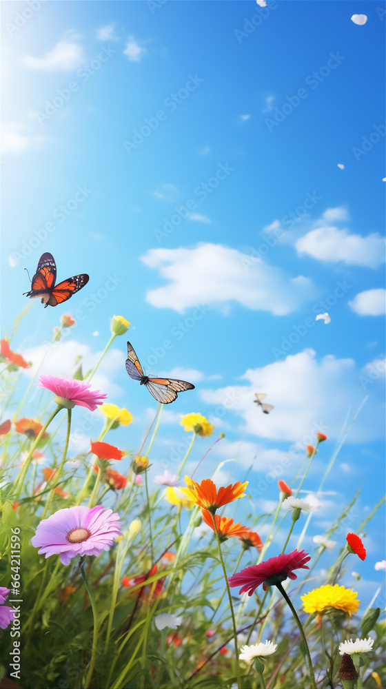 meadow with flowers and blue bright sky