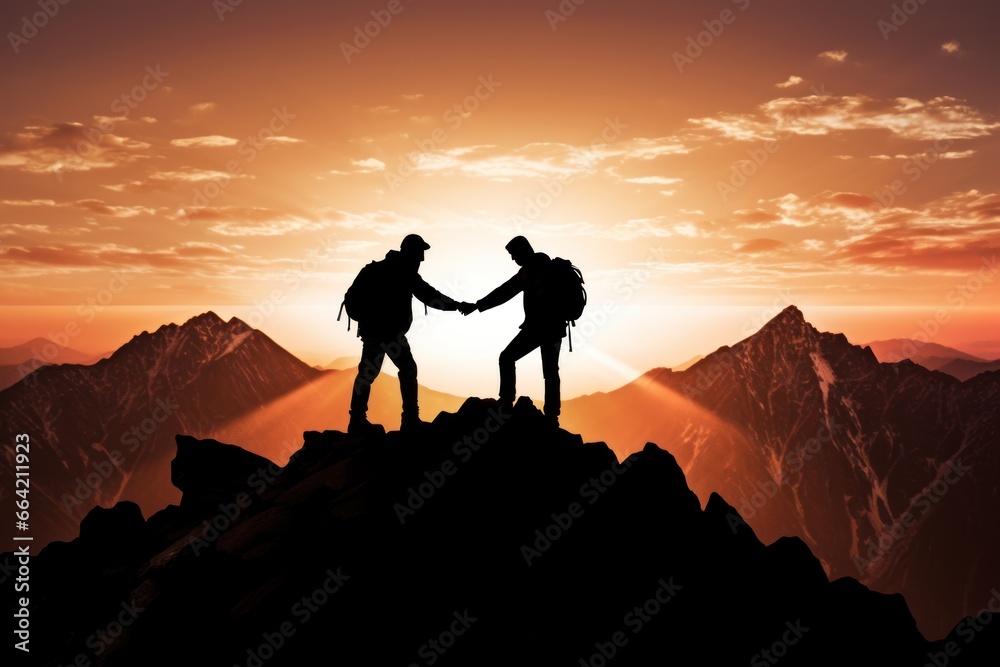 Silhouettes of two men holding hands on the mountain with climbing sports to help friendship.