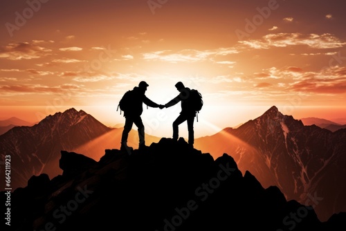 Silhouettes of two men holding hands on the mountain with climbing sports to help friendship.
