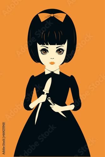 Retro poster for Halloween with creepy doll. Gothic and frightening murderer toy girl with knives vector illustration. Trick or treat horror concept