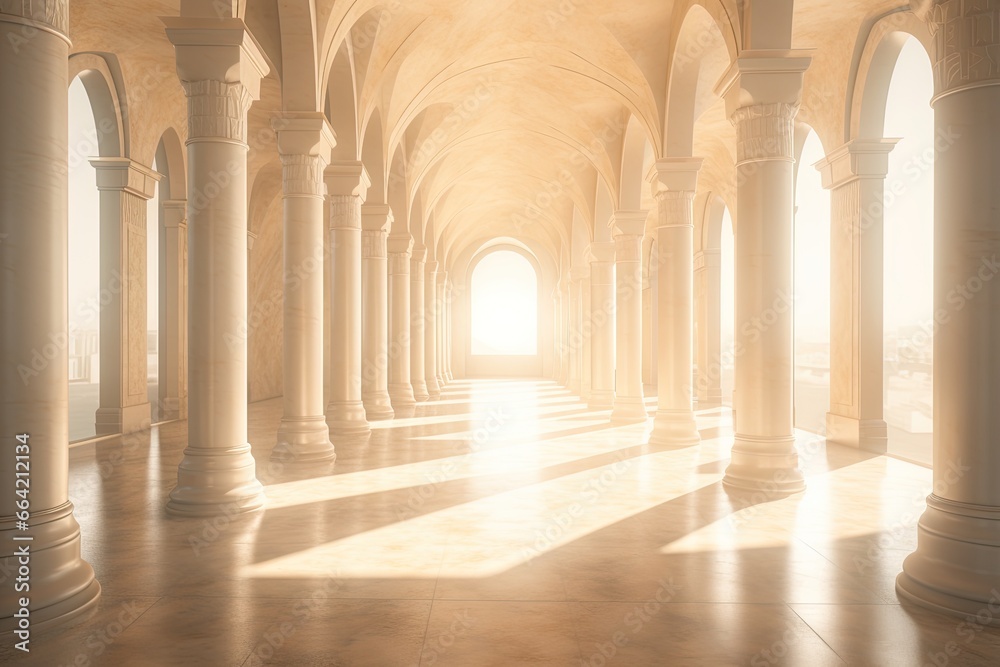 Pillars in a Lengthy with Bright Hallway Sunlight