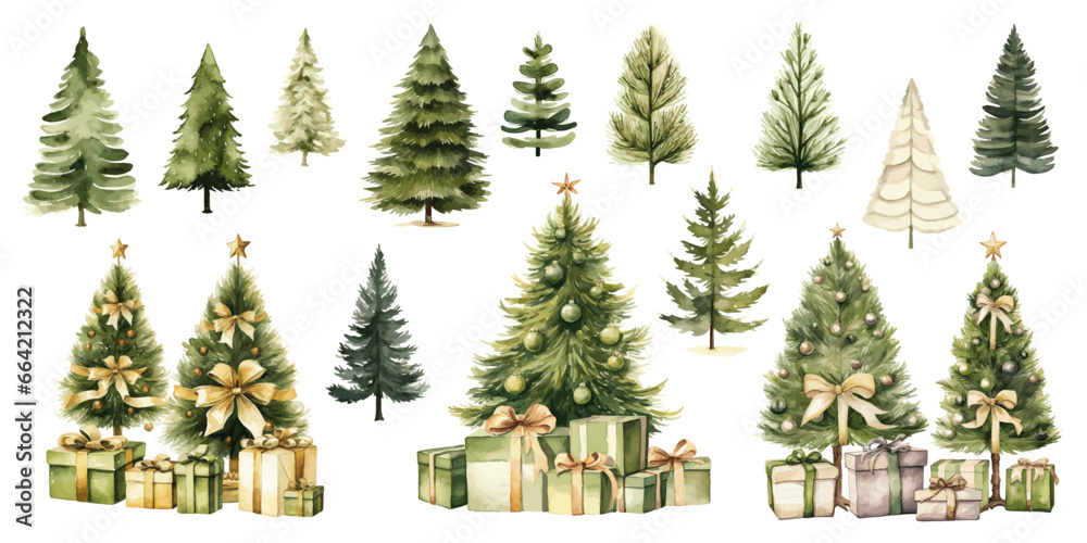 set of christmas trees and presents olive green beige watercolor vectors - obrazy, fototapety, plakaty 