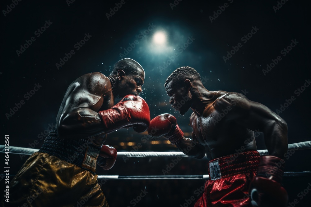 Two male boxers fighting with gloves in a boxing ring. Generative AI - obrazy, fototapety, plakaty 
