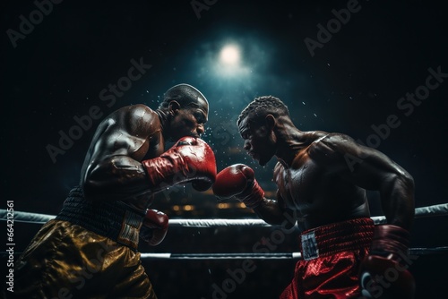 Two male boxers fighting with gloves in a boxing ring. Generative AI photo