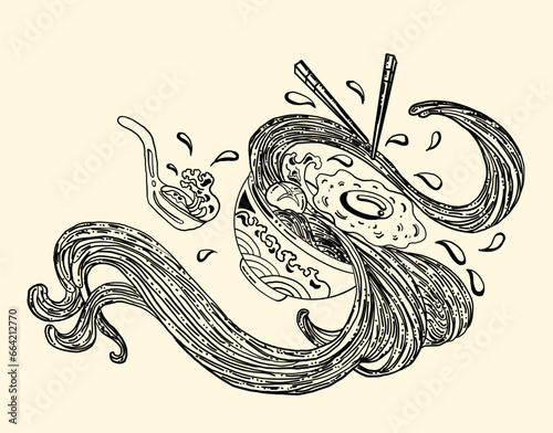 Traditional Japanese ramen and wave for restaurant printing on wallpaper.Ramen vector illustration for doodle art.Sunrise with chopsticks vector for painting on background.