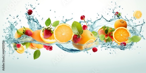 Swirl water splash with fruits. liquid flow with ice cubes and a mix of fresh fruits. © Ahasanara