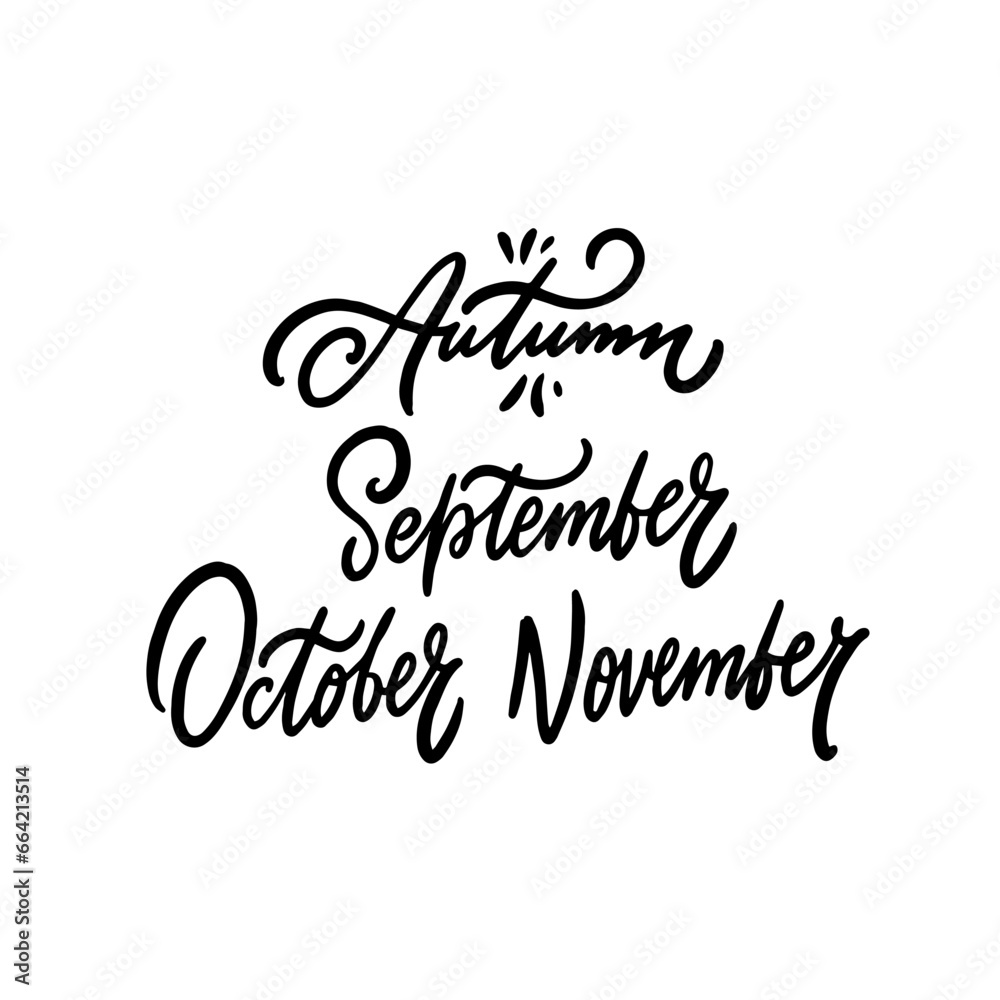 Autumn months name sign title. Black color lettering words for calendar.