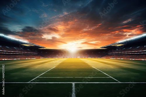 Soccer field with grass and sunset view