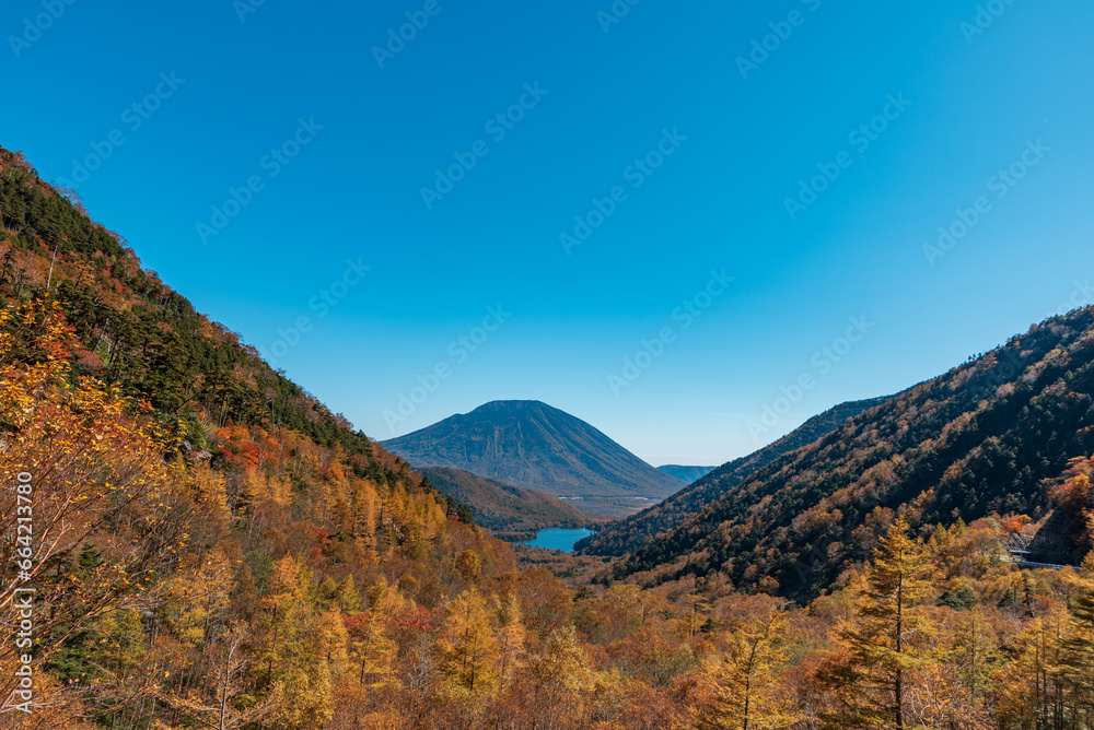 カラマツ色づく金精峠から見える男体山と湯ノ湖