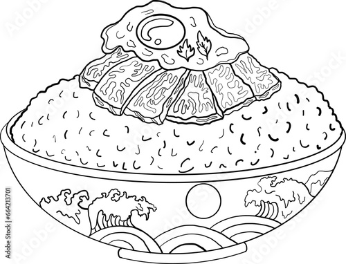 Beef and fried egg on rice bowl.Vector illustration of Japanese food for printing on shirt.Beutiful line art of Asian food for painting on wallpaper at restaurant.Salmon on top rice vector for menu.