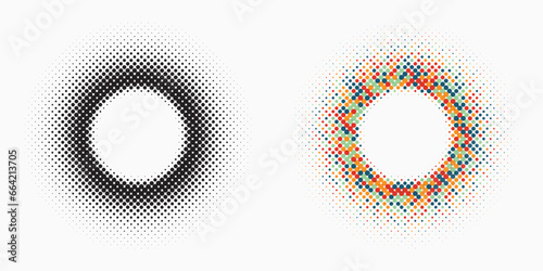 Circular dot frame. Abstract halftone dots pattern. Random color dot lattice. Boarder for design prints. Geometric frames. Round small shape. Bight color ring. Vector illustration