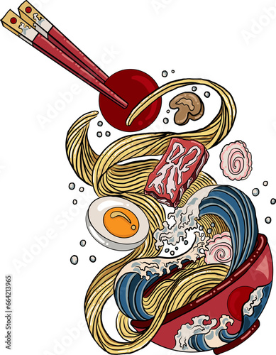Traditional Japanese ramen and wave for restaurant printing on wallpaper.Ramen vector illustration for doodle art.Sunrise with chopsticks vector for painting on background.