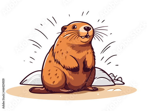 Doodle Sun shining on groundhog, cartoon sticker, sketch, vector, Illustration, minimalistic