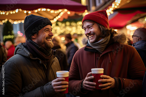 friends are drinking at a small town christmas market