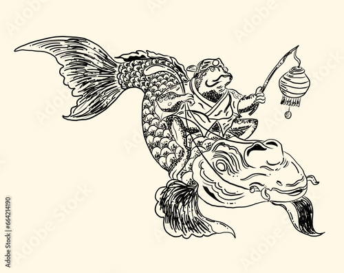 Frog riding koi fish carp vector illustration.Traditional Japanese art for printing on shirt.Frog design for painting on background.Idea for paint on wallpaper at restaurant.Frog holding the lamp.