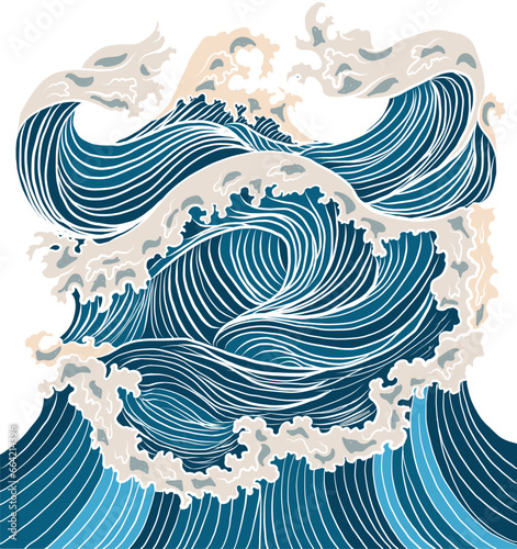 Japanese wave vector illustration for T-shirt.Traditional Chinese wave and sunrise.Beautiful line art of nature for printing on shirt.Asian art for doodle and painting on background.