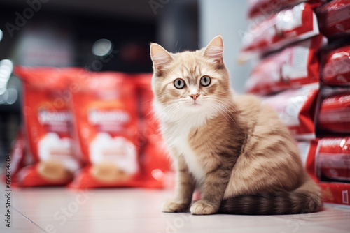 Cat sitting is near the pet food shelf in pet store photo