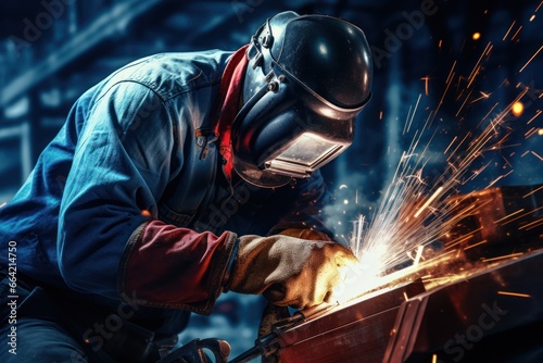 Industrial worker welding metal steel structure in a factory.