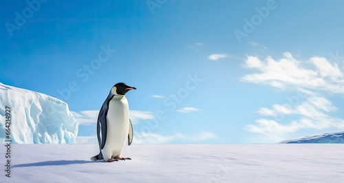 Penguin standing in Antarctica looking into the blue sky.