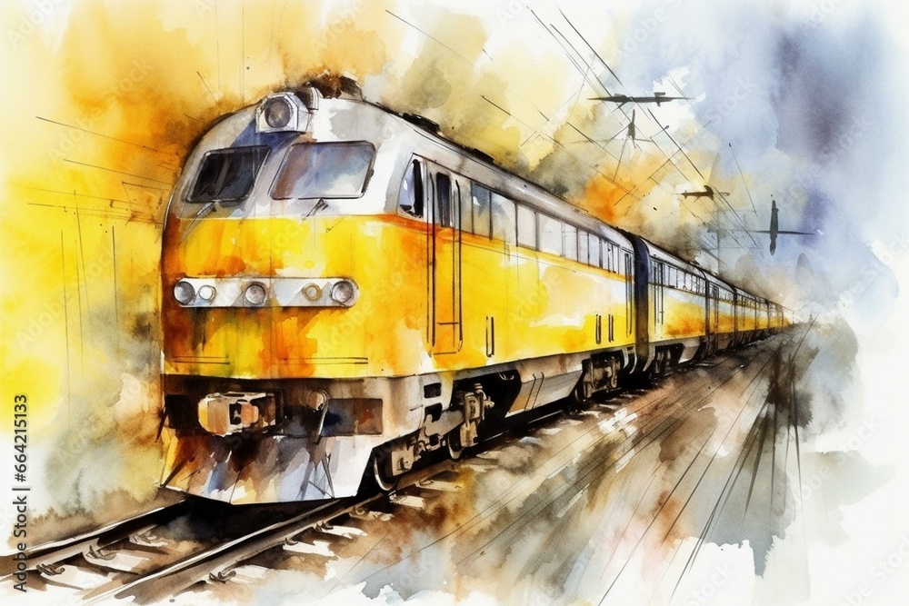 Colorful watercolor painting: fast train with vibrant yellow color on a railway backdrop for advertising and banners. Generative AI