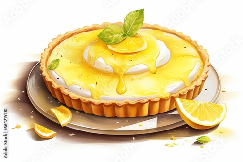 Illustration of a lemon tart dessert in watercolor style. A traditional French treat depicted in art form. Generative AI
