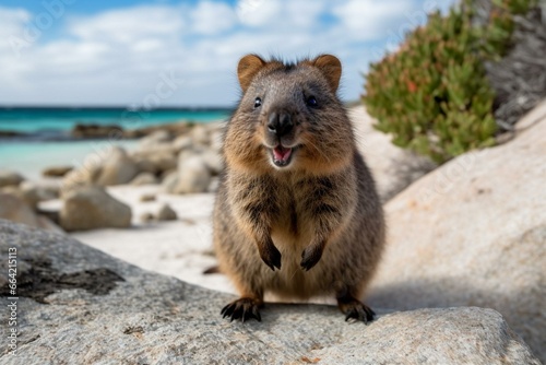 A joyful quokka invites you to visit Rottnest Island in Perth, Australia. Generative AI