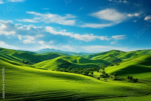 A picturesque landscape with rolling green hills. Generative AI