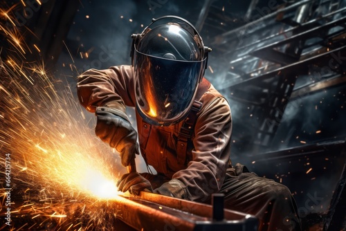 Industrial worker welding metal steel structure in a factory. photo
