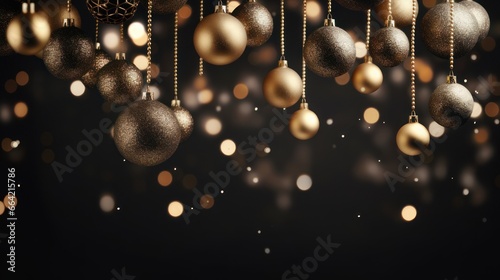 Gold luxury New Year's balls and toys on a black background with bokeh lights on Christmas Eve.