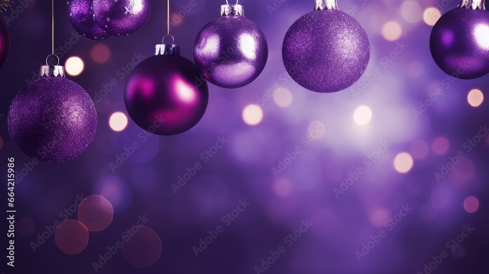 New Year's balls and toys on a purple background with bokeh lights on Christmas Eve. New Year's balls and toys on a purple background with bokeh lights on Christmas Eve.