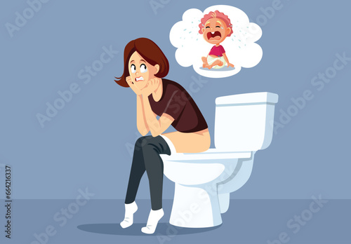 Mother on the Toilet Hearing her Baby Crying Vector Funny Illustration. Mom in her bathroom beak worried about her alone infant 
