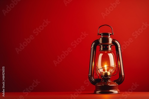 Red kerosene lamp on red background, vintage gold lantern. Generative AI