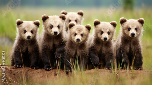 Group of baby brown bears in the wild © Veniamin Kraskov